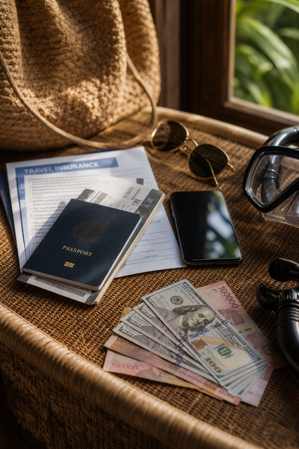 Travel documents and expenses flat lay